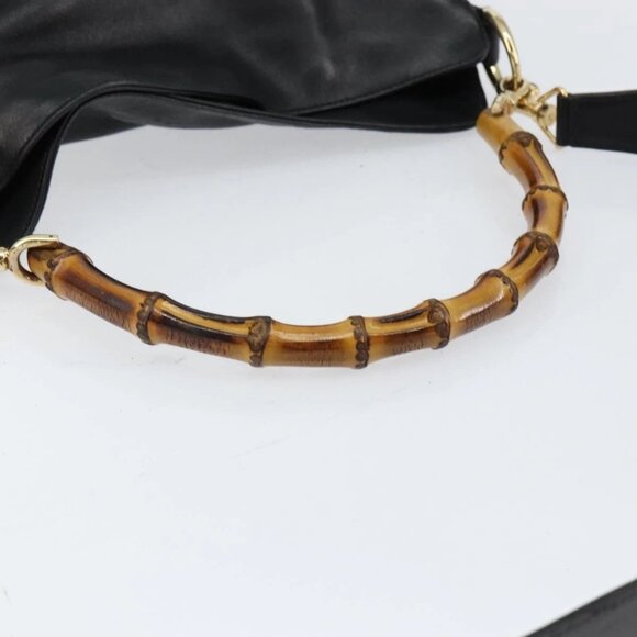 GUCCI Bamboo Shoulder Bag Leather Black Gold 001 3166 Auth 150409 - Picture 8 of 16
